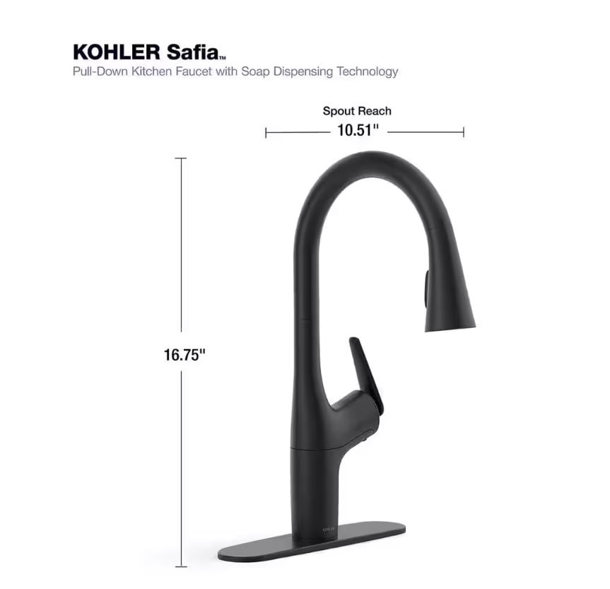 KOHLER Safia 1-Handle Pull Down Sprayer Kitchen Faucet with Integrated Soap Dispenser in Matte Black