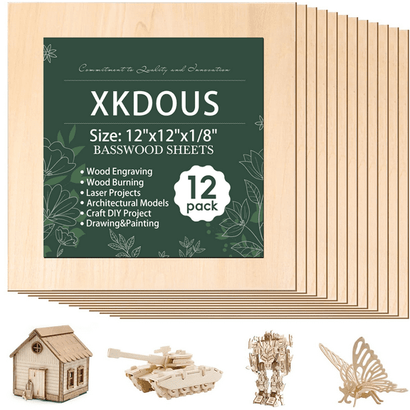 XKDOUS 12 Pack Basswood Sheets 12"x12"x1/8", Plywood Board for Laser Cutting, Unfinished Wood Boards for Crafts, Laser Cutting, Engraving, Burning