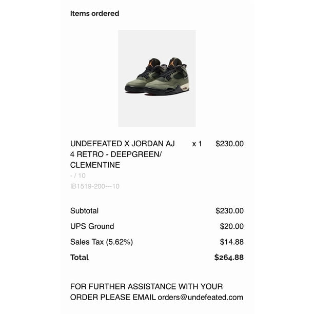 Undefeated Jo r-dan 4 IV IB1519-200 - Size 10 Confirmed Order