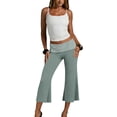 thumbnail image 6 of Cropped Pants Womens Casual Wide Leg Low Rise Fold Over Stretch Gaucho Pants for Summer Sweatpants Beach Holiday Streetwear Green S, 6 of 6