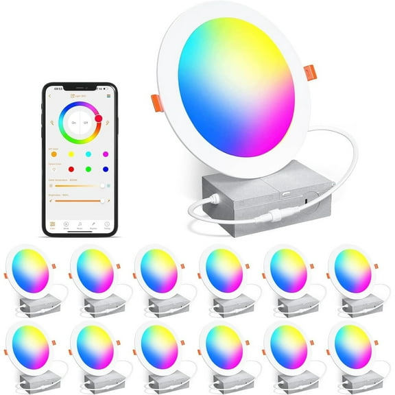 Smart Recessed Lighting 4 Inch RGBCW Color Changing 12W Recessed Ceiling Light with Junction Box,1080LM Canless LED Downlight Compatible with Alexa,Dimmable by Bluetooth Control -12Pack