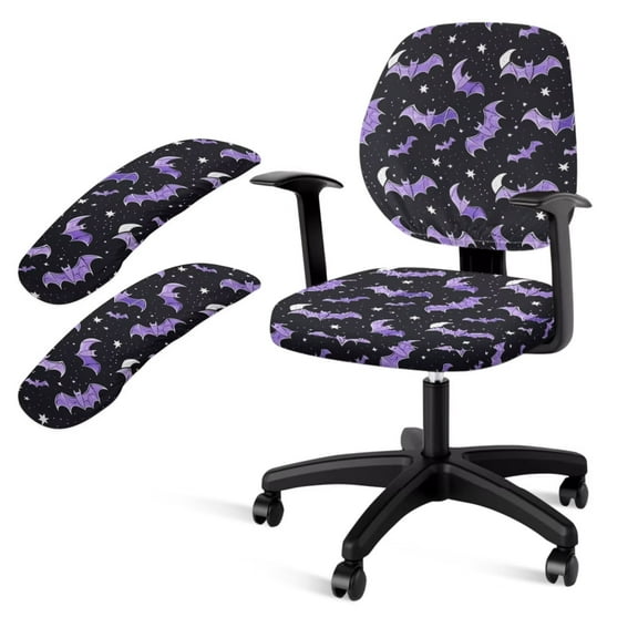 LedBack Office Chair Cover Set, Bat Moon Star Print Computer Chair Cover with Armrest Covers, Universal Desk Chair Seat Protector with Chair Back Covers and Armrest Covers