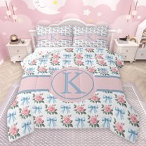 jejeloiu Girl Valentine'S Gifts Bedding Comforter Set,Blue Letter K Twin Comforter Sets,Cartoon Bowknot Kawaii Flower Bedding Set For Princess,Lightweight Room Decoration Reversible,2pcs