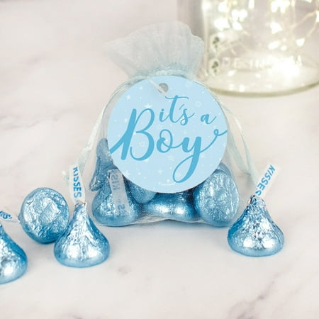 12ct It's a Boy Baby Shower Party Favors Organza Bags with Blue Hershey's Kisses with Gift Tag (12 Bags)