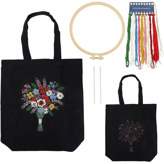 1set 1 set Tote bag Embroidery Kit including Embroidery Needles & Thread Fabric Plastic Embroidery Hoop Black 390x340mm