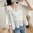 thumbnail image 3 of Women French Hollow Out Crochet Knit T-Shirts 3/4 Sleeve Crewneck Floral Lace Loose Blouse Beach Cover Up Tops, 3 of 8