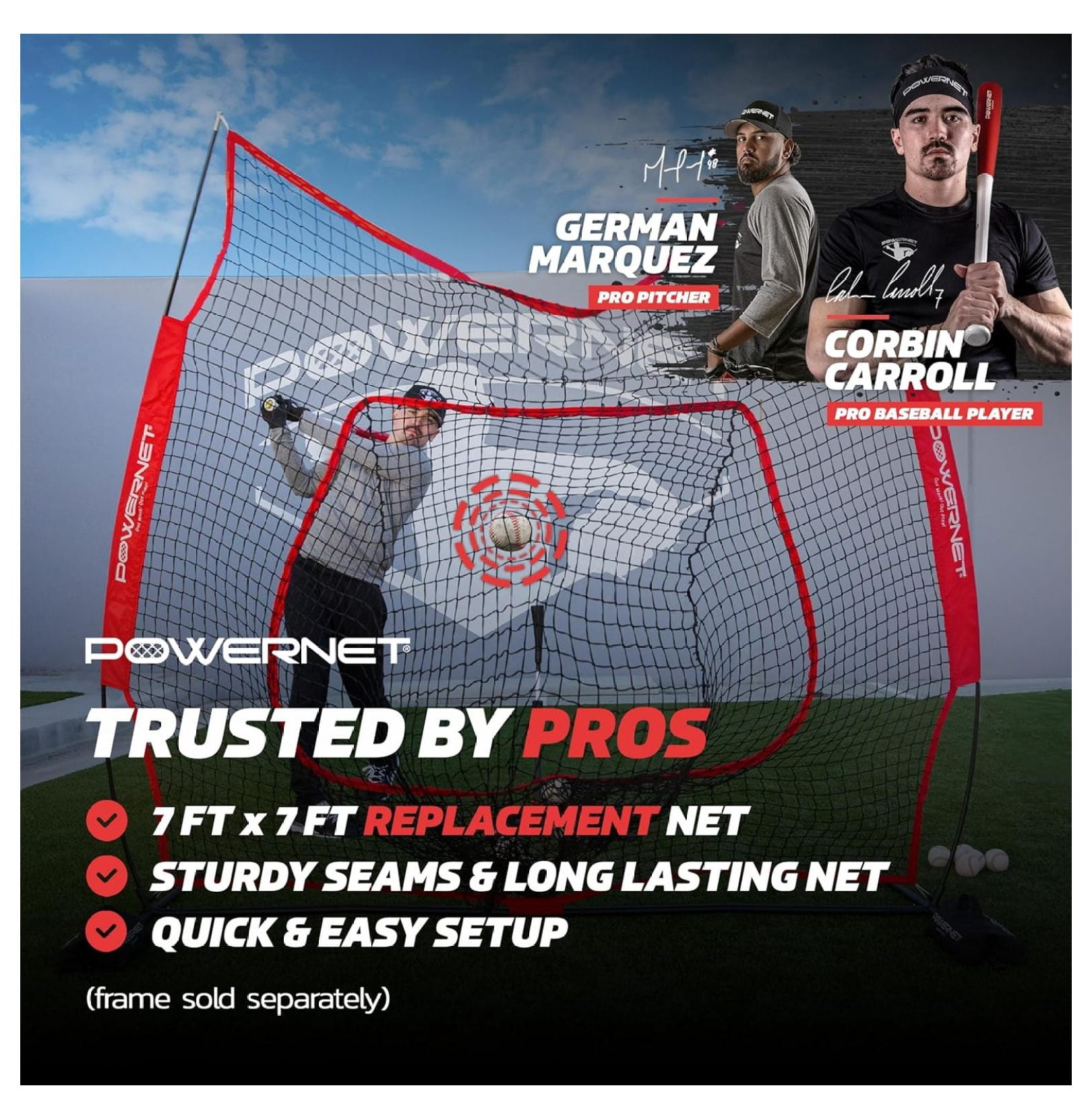 7x7 FT Baseball & Softball Net Replacement Parts, Replace 7x7 FT Frame, Net Only or Carry Bag, Metal Frame and Fiberglass Poles, Durable Nets & Bags Available in Team Colors