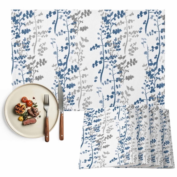 Placemats Set of 4, Blue Leaf Place Mats Grey Leaves Branches Tablemats Washable Placemat Table Decoration for Kitchen Table Dinner Party Home Decor Indoor Outdoor 13x19 Inch