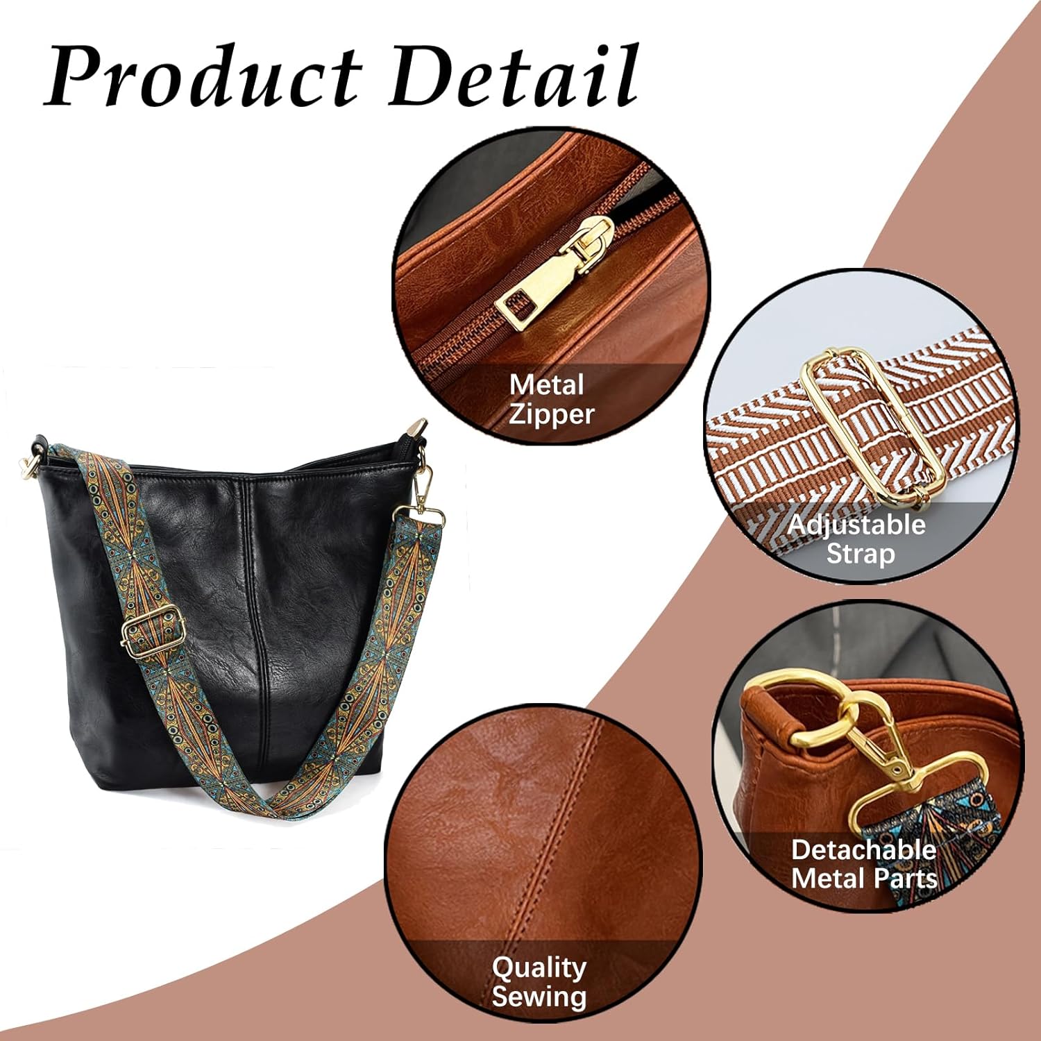 Kwuty Hobo Bags Vegan Leather Crossbody Bag Guitar Strap Shoulder Purses with Zipper Handbags for Women