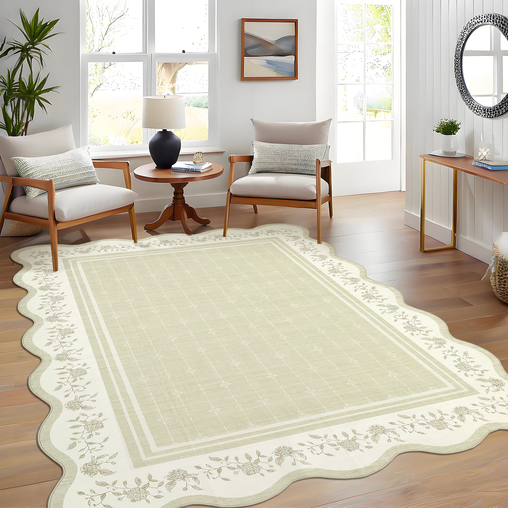 Garvee 10'x13' Scalloped Area Rug Modern Floral Bordered Carpet, Machine Washable Rug with Non Slip Backing Soft Foldable Mat for Living Room Bedroom Dining Room, Beige