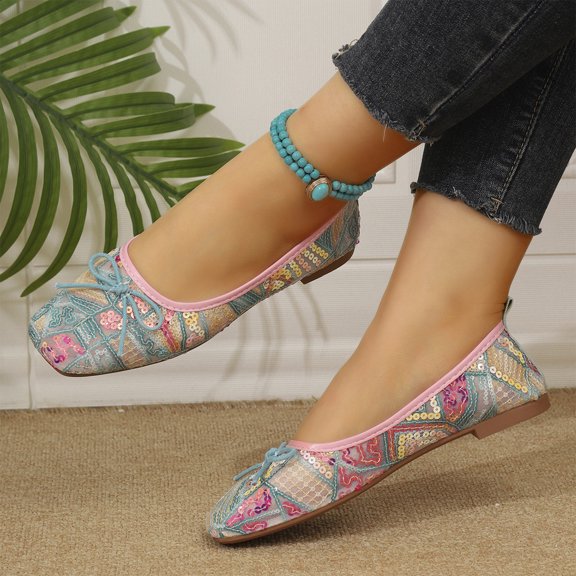 Norvail Womens Floral Mesh Bow Square Toe Ballet Mary Jane Shoes, Breathable Slip On Casual Flats for Garden Party Bridal Shower Summer Daily Wear
