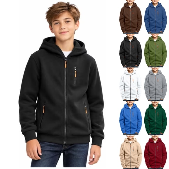 Black Boys Fleece Lined Hoodie with Zipper Pockets Size 12-13 Years,Full Zip Up Sweatshirt,Outdoor Athletic Jacket for Hiking Camping Daily Work,Kids Fall Winter Clothes