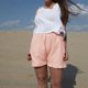 thumbnail image 2 of Pantalones cortos casuales para mujer con ribete de volantes, cintura elástica, bolsillos laterales de color puro, pantalones cortos holgados, color rosa XL, 2 of 6