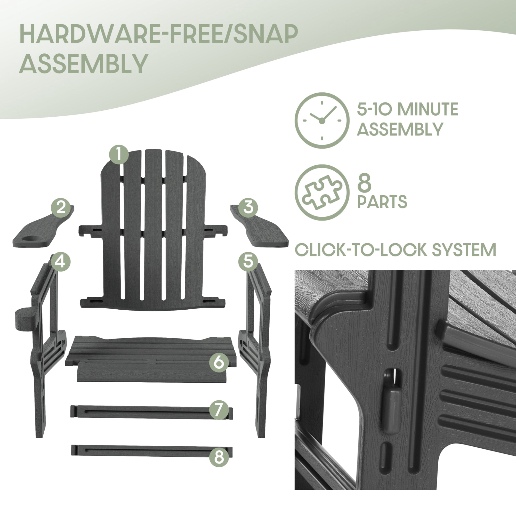 WestinTrends Azura Tool-Free Assembly Outdoor Patio HDPE Plastic Adirondack Chair with Cup Holder (Set of 2), Gray
