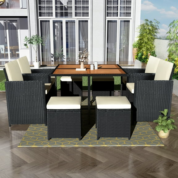 TOPMAX Patio All-Weather PE Wicker Dining Table Set with Wood Tabletop for 8, Black Rattan Beige Cushion (9-Piece)
