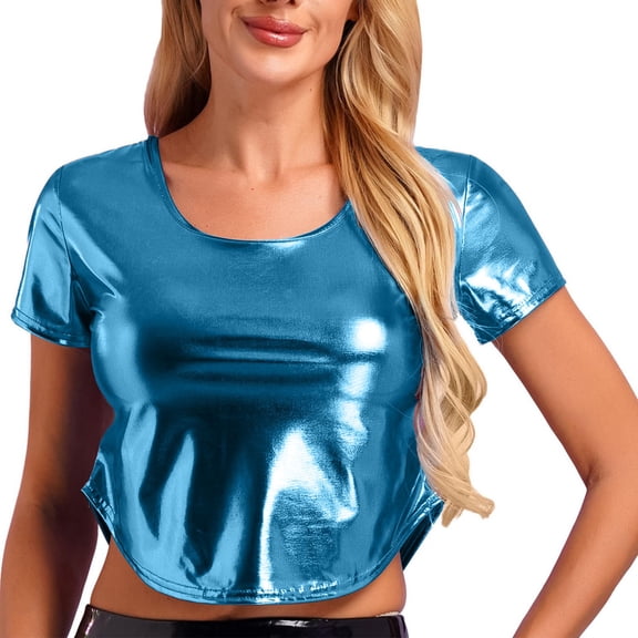 Prolriy Summer Tops for Women 2024 Women's Solid Color Reflective Shiny Metallic Round Neck Short Sleeve Crop Top T Shirt Womens Tops Blue XXL