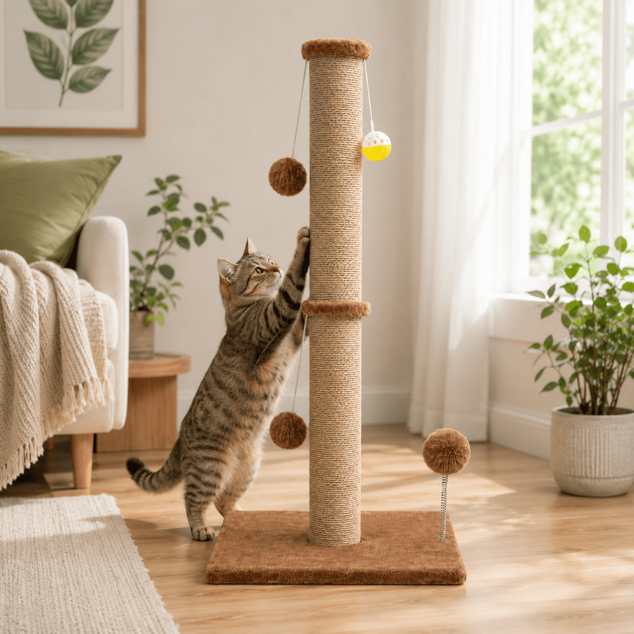 PELUOMOZ 36-Inch Cat Scratching Post for Indoor Cats, Brown Sisal Cat Scratcher with Plush Base and Interactive Toys