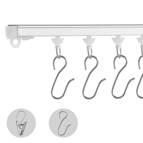 Self Adhesive Ceiling Curtain Track System 9.9 ft 3 m No Drill White with Hooks for Living Room Partition