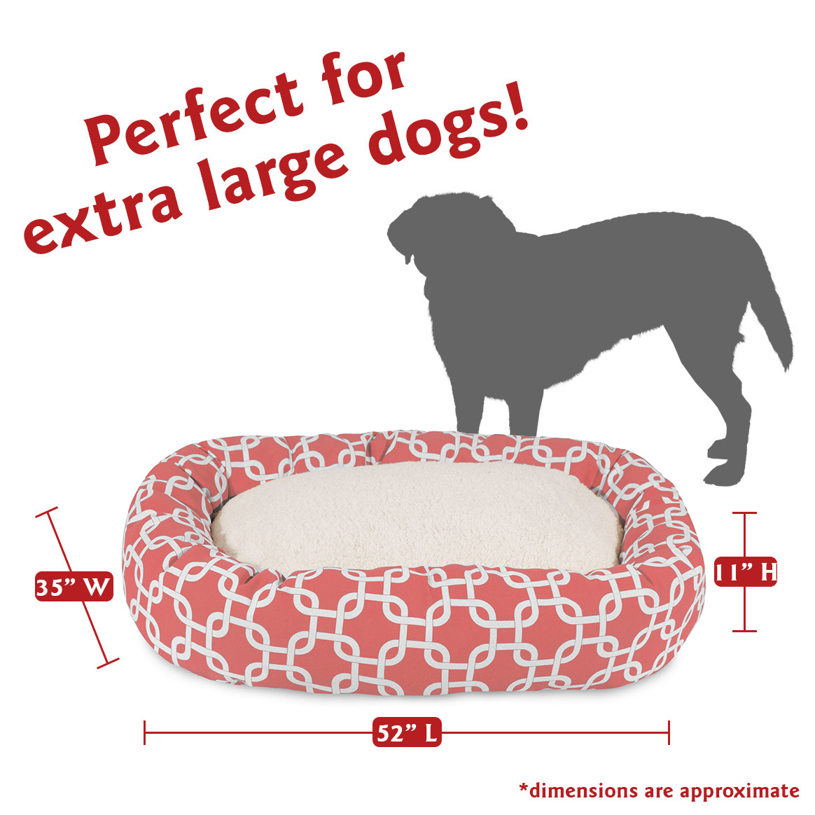 Majestic Pet Sherpa Links Bagel Pet Bed for Dogs, Calming Dog Bed Washable, Extra Large, Coral