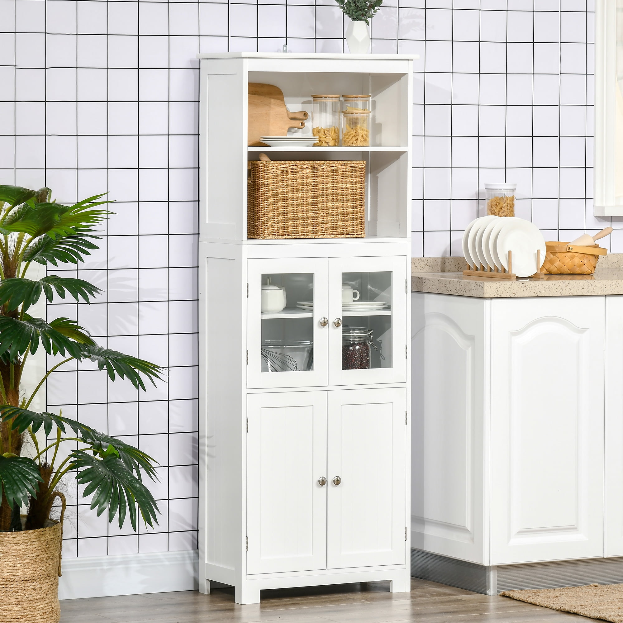 HOMCOM 63 Small Buffet with Hutch 4 Door Kitchen Pantry Freestanding Bathroom Storage Cabinet with Adjustable Shelf White