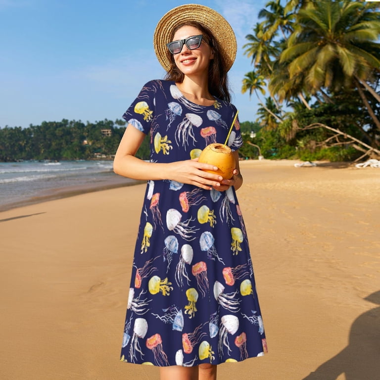 Rocae Colorful Jellyfish for Dresses Summer Casual Ruffle Short Sleeve Cute Crew Neck Flowy Dress with Pockets - Walmart.com Rocae Colorful Jellyfish for Dresses Summer Casual Ruffle Short Sleeve Cute Crew Neck Flowy Dress with Pockets - Walmart.com