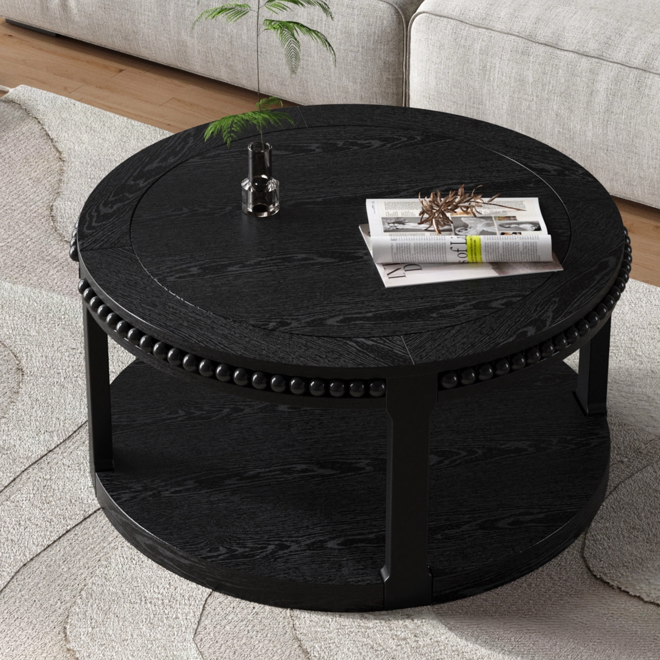Noble House Solid Wood Round Coffee Table for Living Room,2-Tier Rustic Wood Desktop with Storage Shelf Modern Design Home Furniture, Black