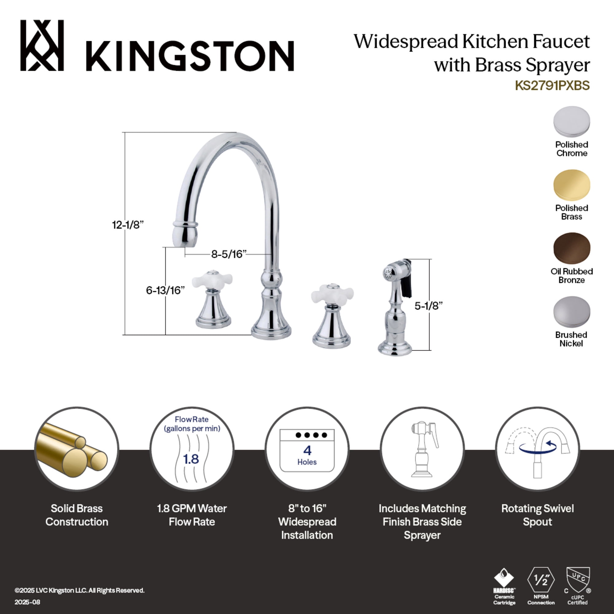 Kingston Brass KS2798PXBS Governor Double-Handle 4-Hole Widespread Kitchen Faucet with Brass Sprayer in Brushed Nickel