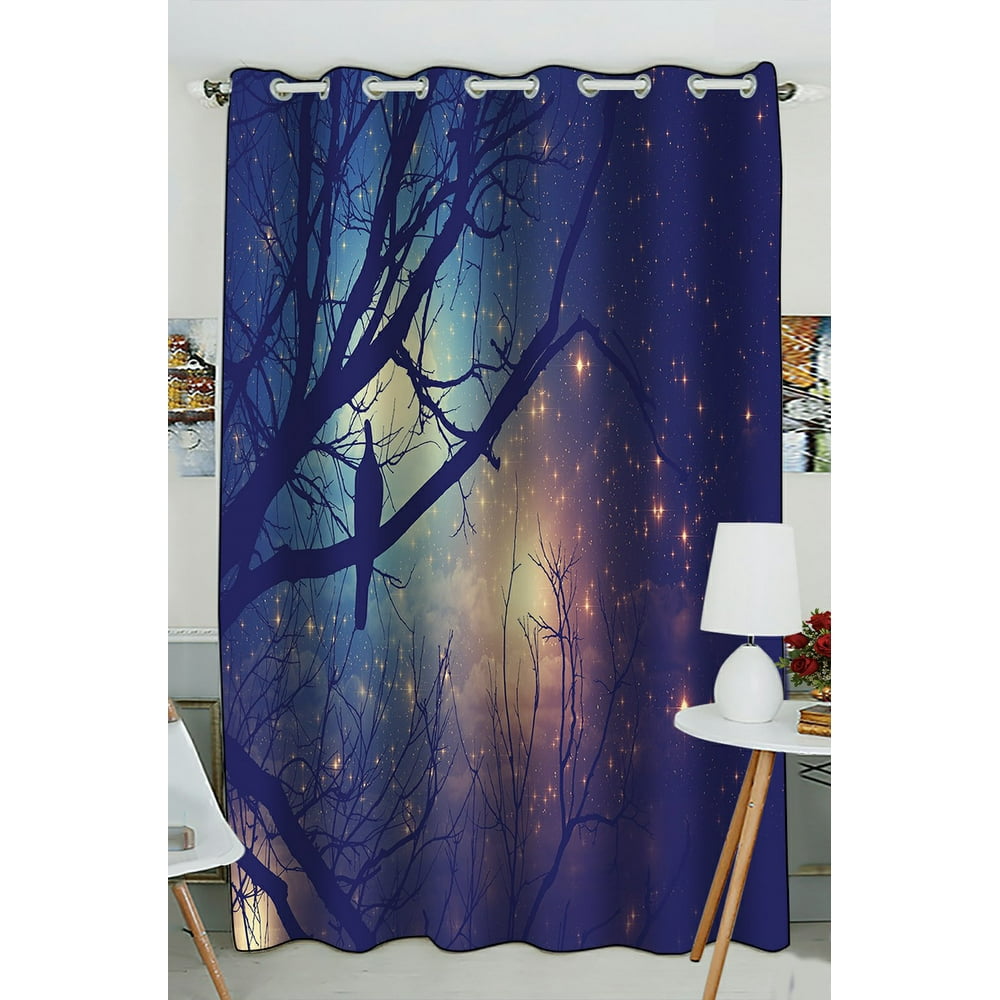 PHFZK Night Sky View Window Curtain, Stars and Tree with a Bird Window