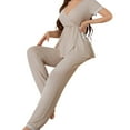 thumbnail image 4 of cfhntfmh Womens Ribbed Knit Lounge Set Short Sleeve Top and Long Pants Pajamas V Neck 2 Piece Lace Trim Sleepwear（Beige,X-Large), 4 of 6
