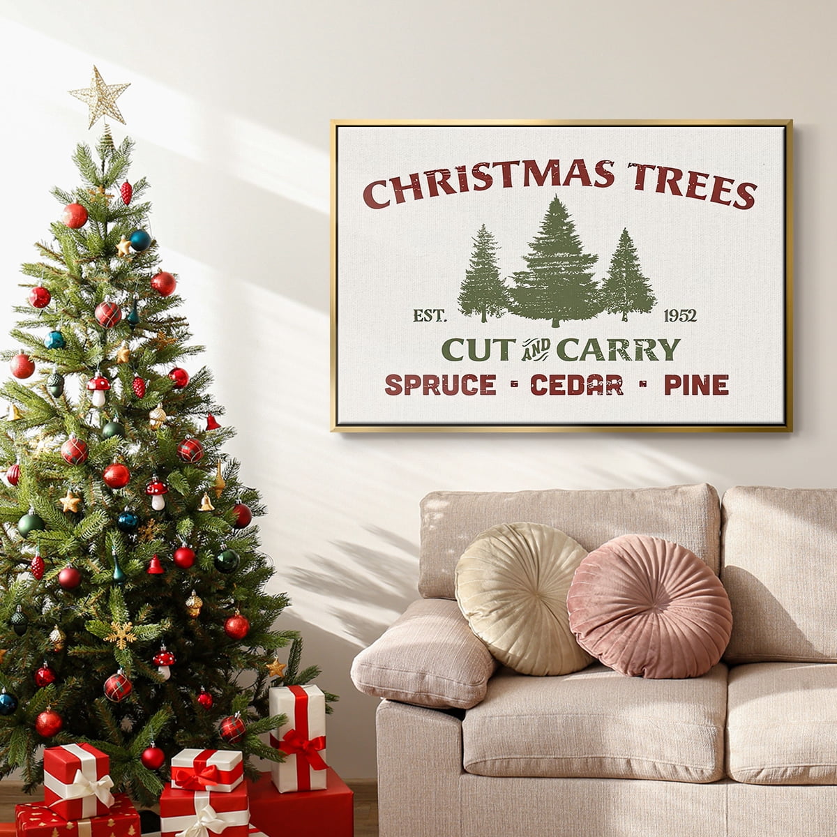 Christmas Farm Sign I - Framed Gallery Wrapped Holiday Canvas - 25 x 37 - Gold Frame