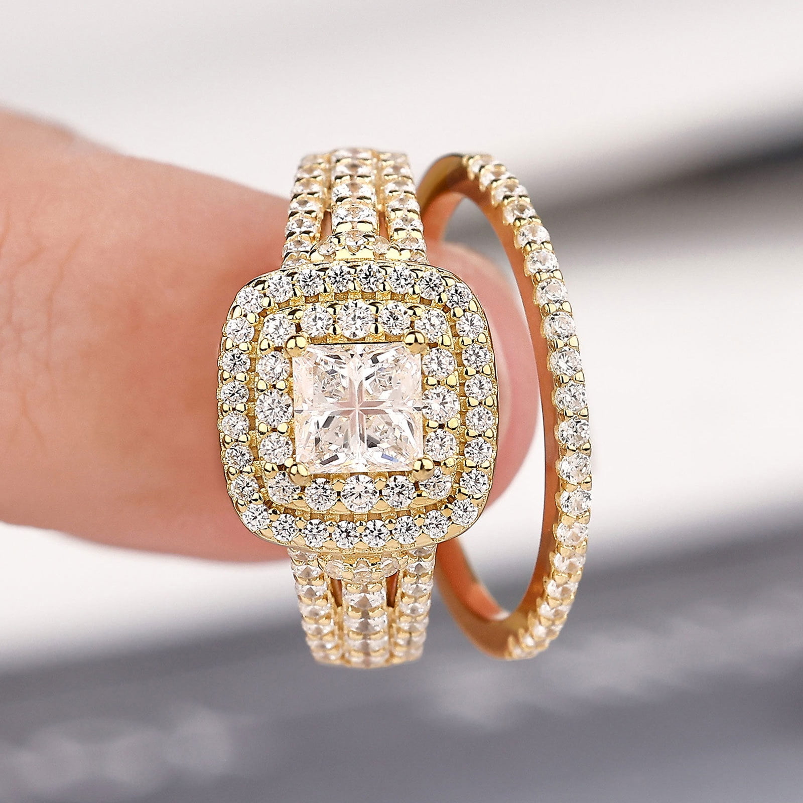 Newshe Jewellery Wedding Rings for Women Princess Engagement Ring Sets 925 Sterling Silver 1.7Ct Cross Yellow Gold Cz Size 8
