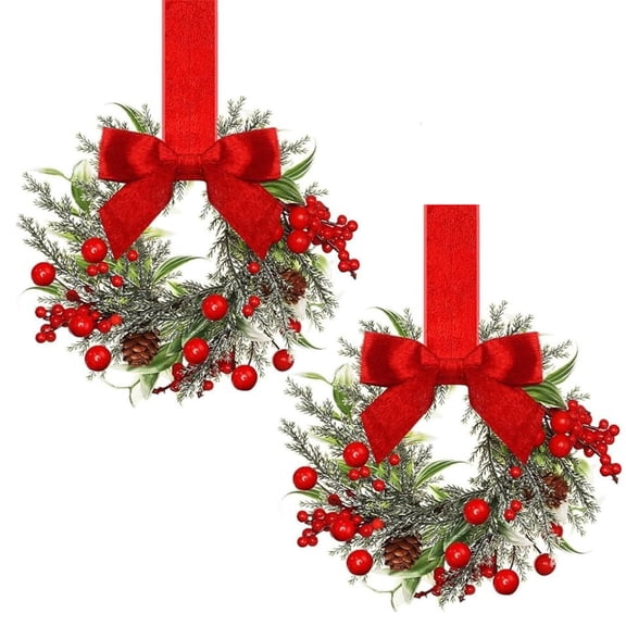 2 Pcs 6.3" Christmas Cabinet Wreaths for Kitchen with Ribbon Bows Red Berry Norfolk Pine Small Window Wreath Hunging Ornament