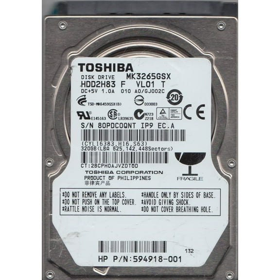 MK3265GSX, A0/GJ002C, HDD2H83 F VL01 T, Toshiba 320GB SATA 2.5 Hard Drive
