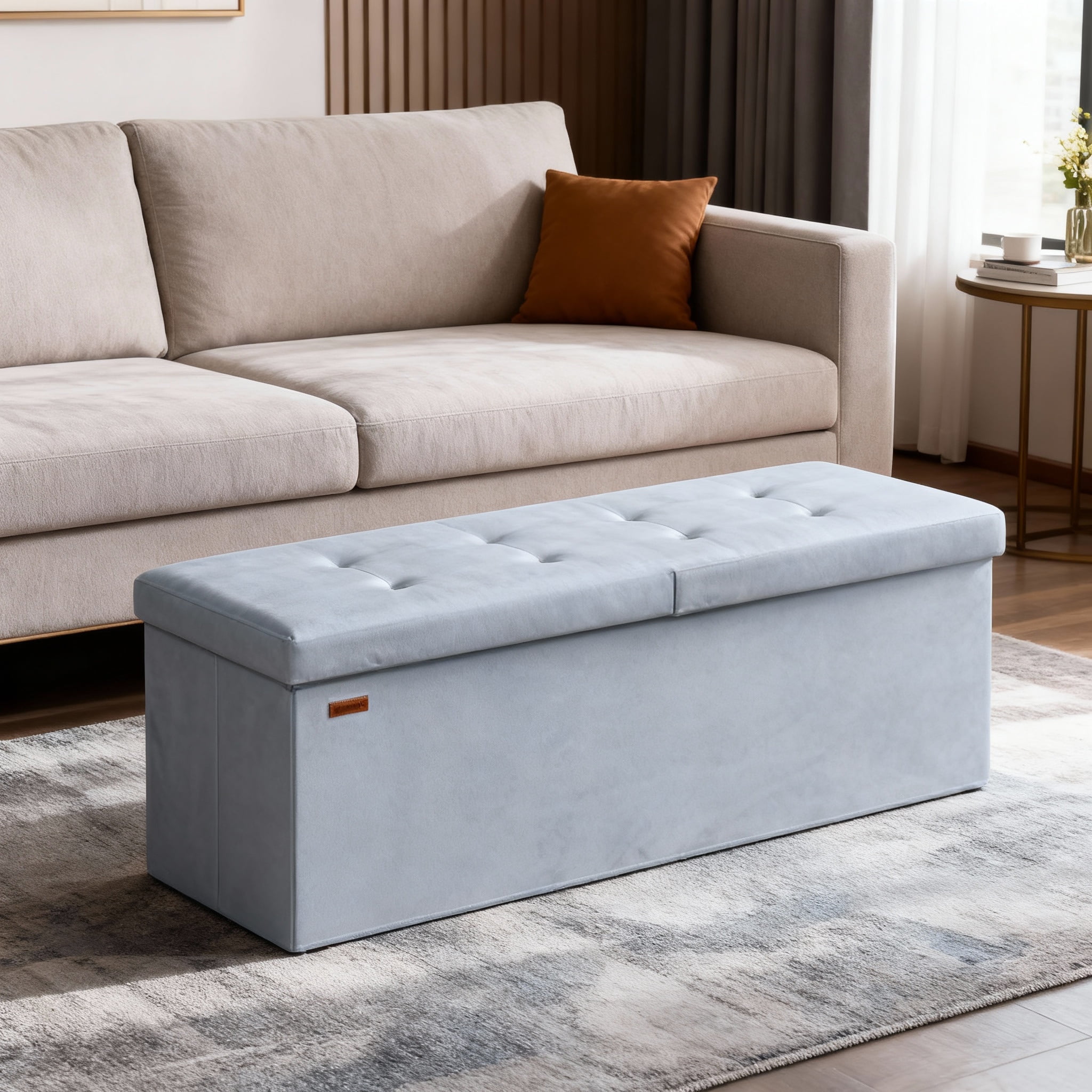 LEDREM 43" Storage Ottoman Bench with Flipping Lid, Foldable MDF Seat with Divider, 660 lb Capacity for Entryway, Living Room, Bedroom, Velvet Footstool, Pale Blue