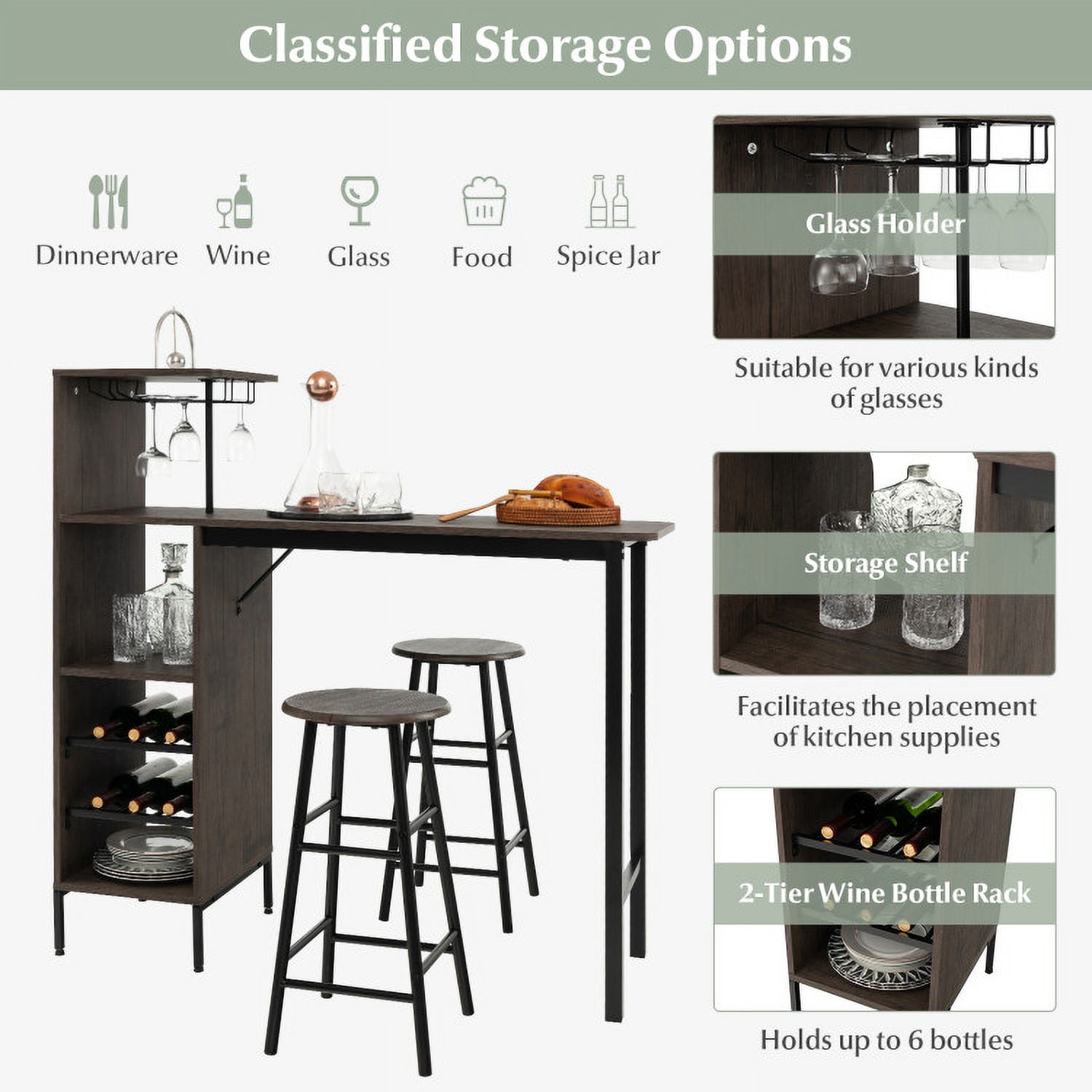 Finihen Dining Set, Dining Table Set, 3 Piece Bar Table and Chairs Set with 6-Bottle Wine Rack, for Home, Restaurant, Brown Finihen Dining Set, Dining Table Set, 3 Piece Bar Table and Chairs Set with 6-Bottle Wine Rack, for Home, Restaurant, Brown