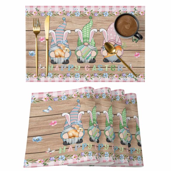 Happy Easter Placemats Set of 12, Gnomes Rabbit Flowers Eggs Brown Wood Grain Placemats for Dining Table, Place Mats for Kitchen Tabletop, Waterproof Wipeable Dining Table Mats Set