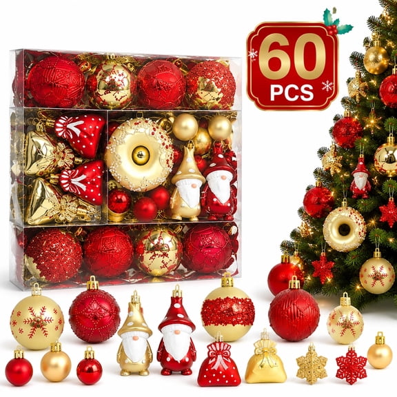 Zacro 60PCS Christmas Ornaments Set Red Gold, Shatterproof Christmas Tree Decorations Balls with Santa Snowflake Hanging Decorations, Xmas Holiday Decor for Tree Home Party