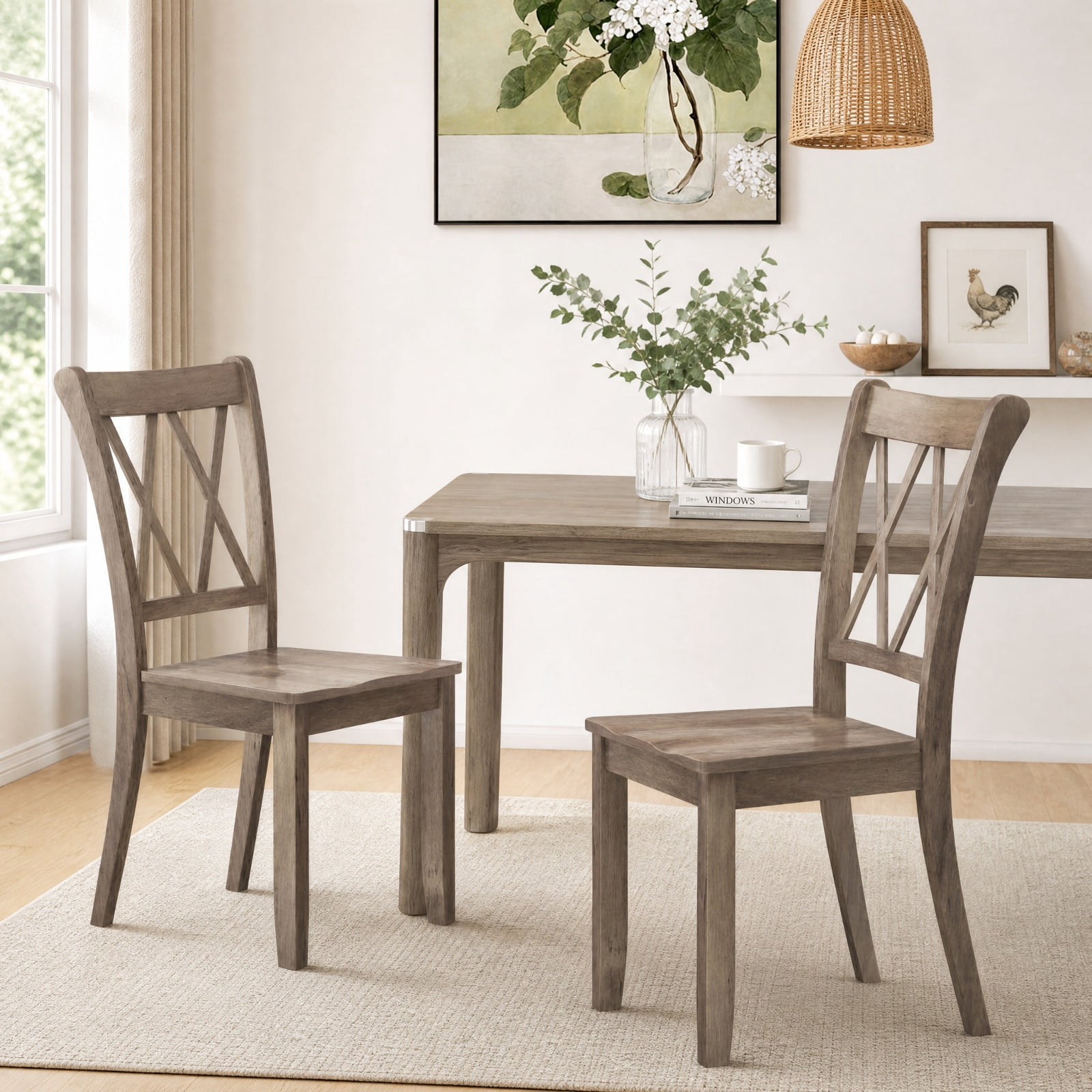 Furnibear Mid Century Wooden Dining Chairs Set of 2 with High Backrest and Solid Rubber Wood Frame for Farmhouse Kitchen, Brown