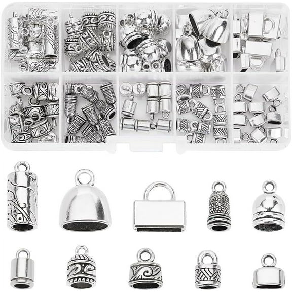 100pcs Cord Ends Caps 10 Styles Tibetan Alloy Leather Cap Glue in Barrel End Caps Antique Silver Tube Crimp Beads End Caps Thread Ends