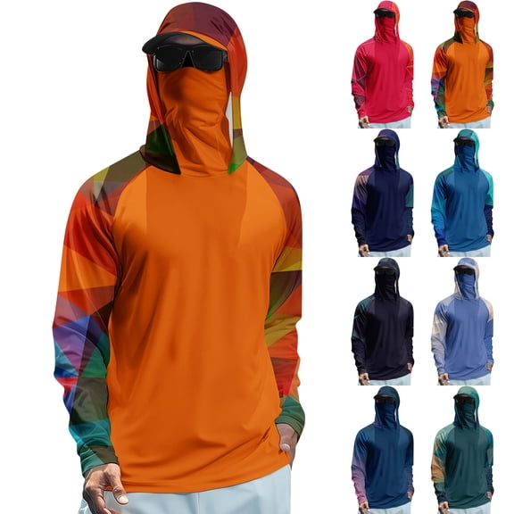 Men's Geometric Print Sun Hoodie With Built-In Face Mask And Thumbholes Featuring UPF 50 Protection For Fishing Hiking Hunting Army Green L