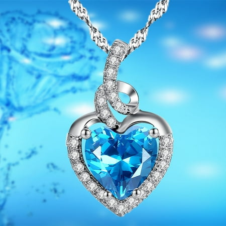Devuggo 925 Sterling Silver Necklace Pendant Heart Created Blue Topaz with 18 Chain, Mother's Day Gift