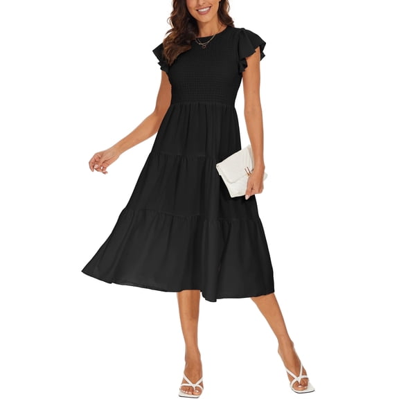 Aiyino Women's Summer Casual Dresses Short Sleeve Elastic Waist Tiered Midi Dress