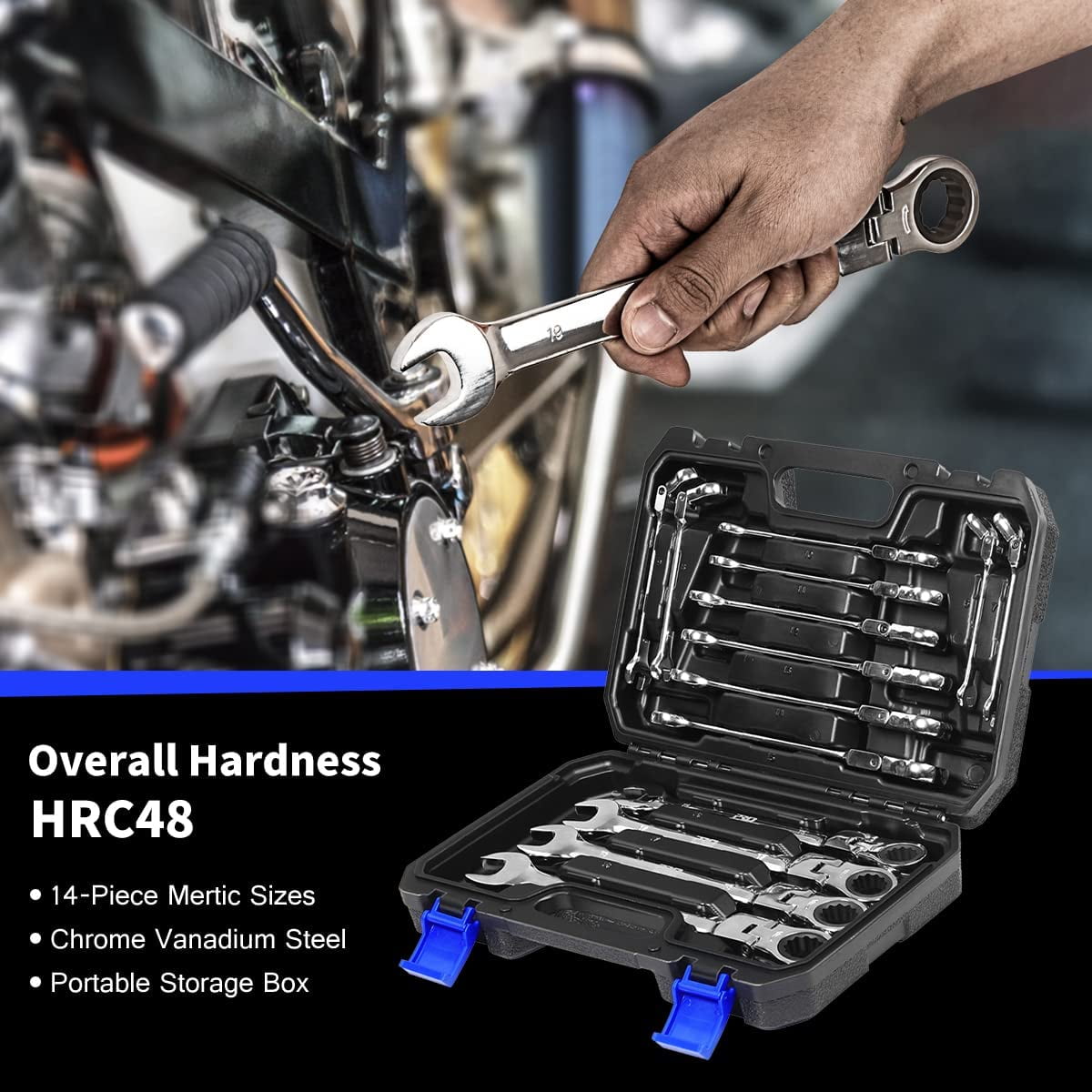 PRO 14-Piece Flex-Head Ratcheting Wrench Set, 6-19cm Metric Chrome Vanadium Steel Ratchet Wrenches, Combination Ended Spanner Kit with Storage Case