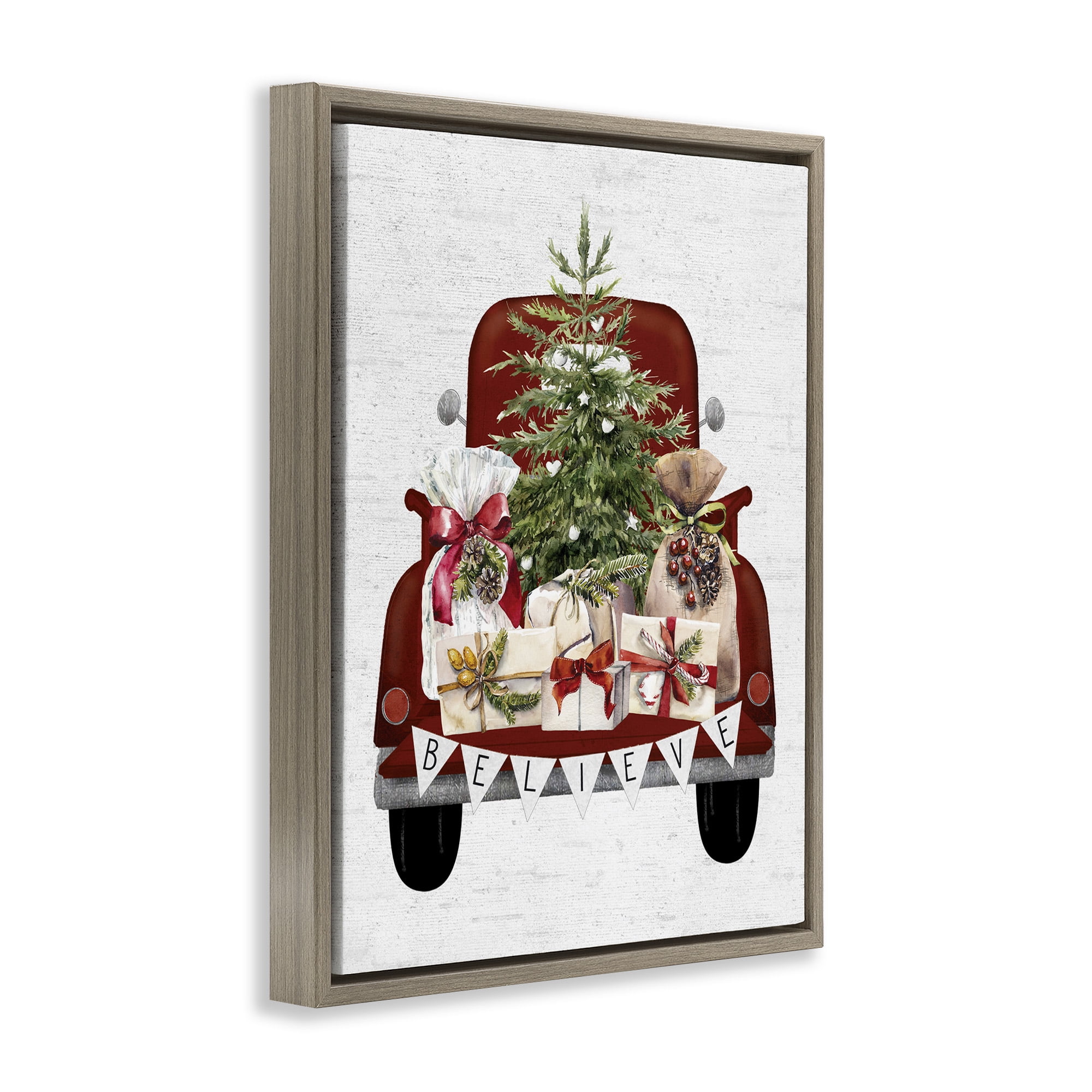 Stupell Industries Believe Seasonal Christmas Truck Holiday Painting Brown Floater Framed Canvas Art Print Wall Art, 25 x 31
