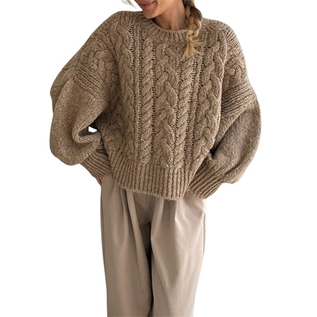 SUNSIOM Women's Cable Knit Sweaters Long Sleeve Round Neck Solid Color Pullovers Knit Tops