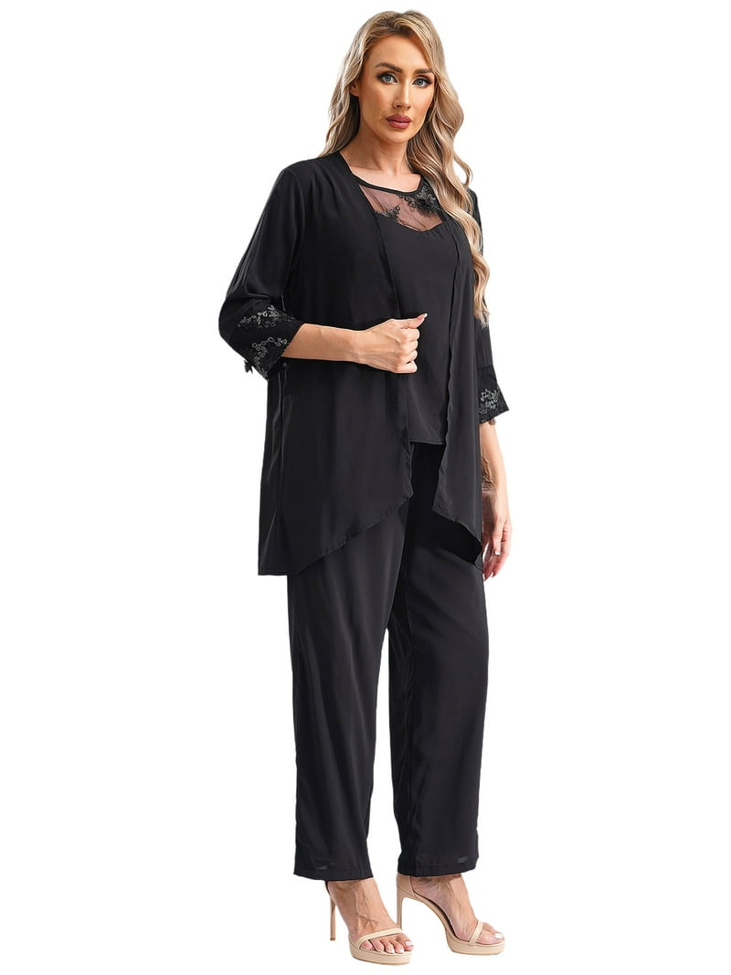 3-Piece Crinkle Pantsuit Set With Draped Chiffon Jacket, Sleeveless Top & Detachable Necklace