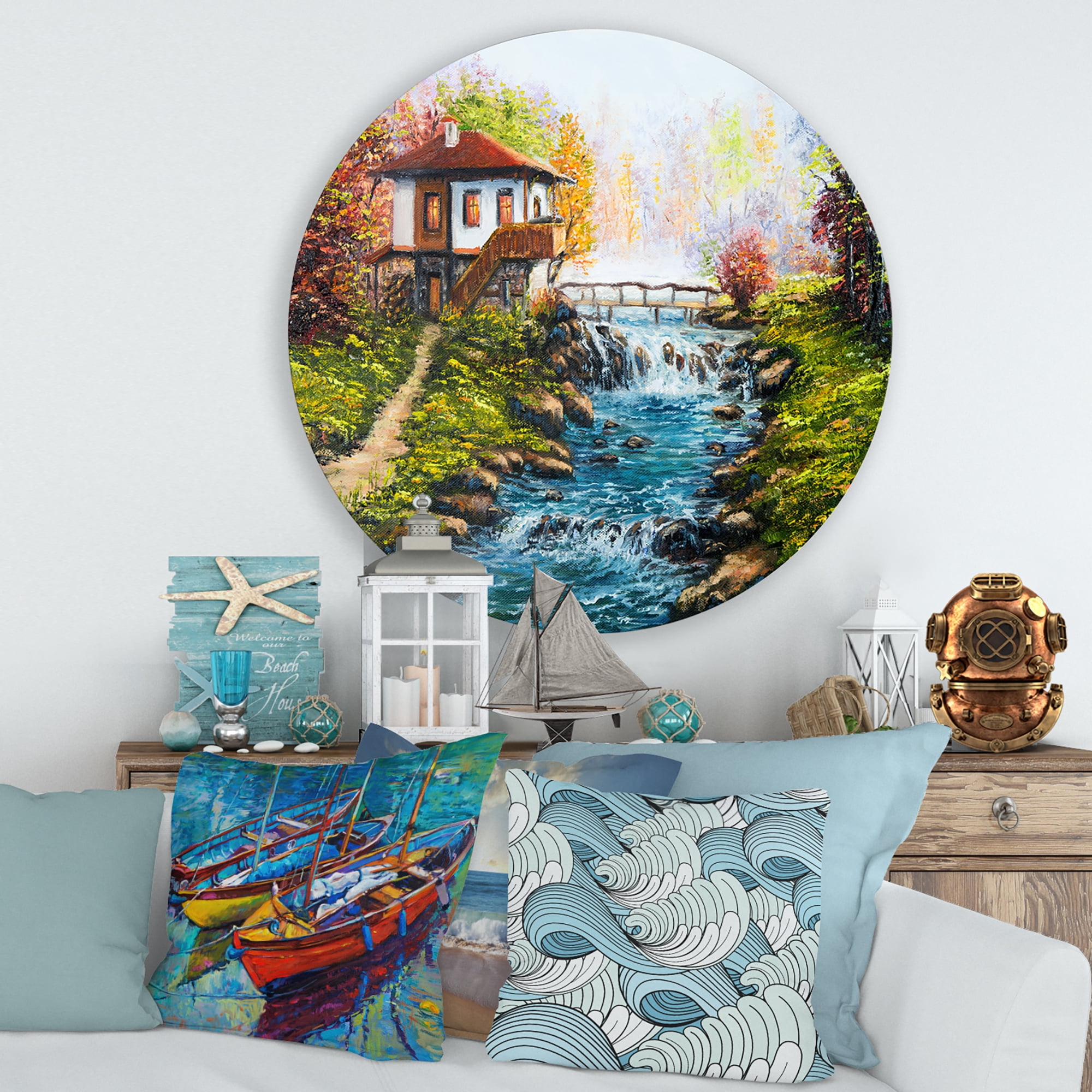 Designart 'Traditional Bulgarian River and House' Lake House Circle Metal Wall Art 29x29 - Disc of 29