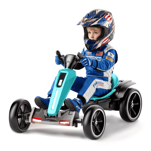 12V Electric Go Kart for Kids Ages 3-6, Foldable Power Ride-On Pedal Toy with Adjustable Seat, Music & Flashing LED Lights, Light Blue