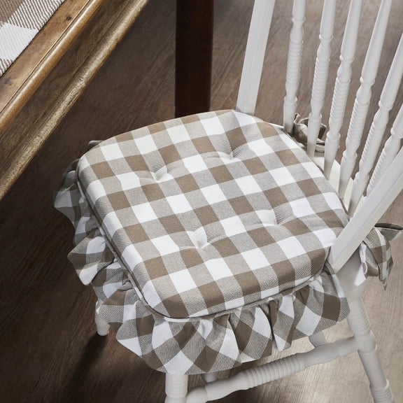 VHC Brands Farmhouse Country Annie Buffalo Check Portabella Ruffled Chair Pad with Fabric Ties 16.5x18