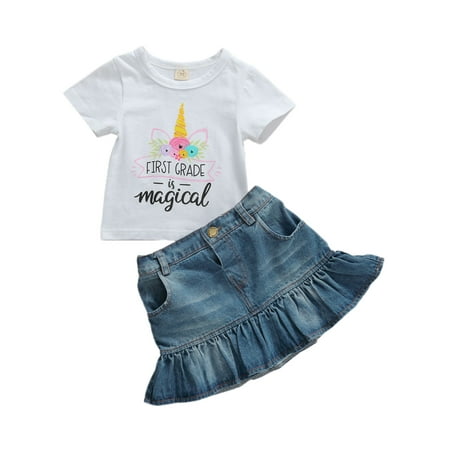 

Bmnmsl Toddler Baby Girl Short Sleeve Tops T-Shirt Ruffle Denim Skirt Clothes